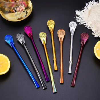 

7 Pcs Stainless Steel Drinking Straw Spoon Tea Filter Reusable Metal Filter Spoon Tea Tools Drinking Accessories Home Bar Office
