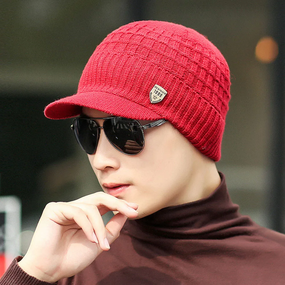 Мужская шапка-берет, теплая, мешковатая, вязанная крючком, зимняя, шерстяная, вязаная, одноцветная, лыжная шапка, шапка с утиным язычком, бейсболка, Czapka Zimowa chlopec