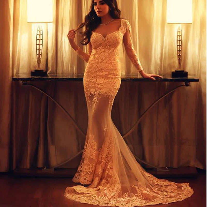 Vestidos, очаровательное дизайнерское платье русалки с v-образным вырезом, прозрачное, с длинным рукавом и аппликацией, кружевное длинное платье для выпускного вечера, платья подружки невесты