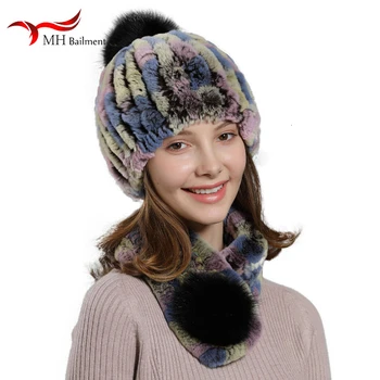 

MH Bailment New Rex Rabbit Fur Hat Scarf Set Women Outdoor Warm Elastic Fur Hat Cute Sweet Winter Scarf Hat Two Piece Set 66