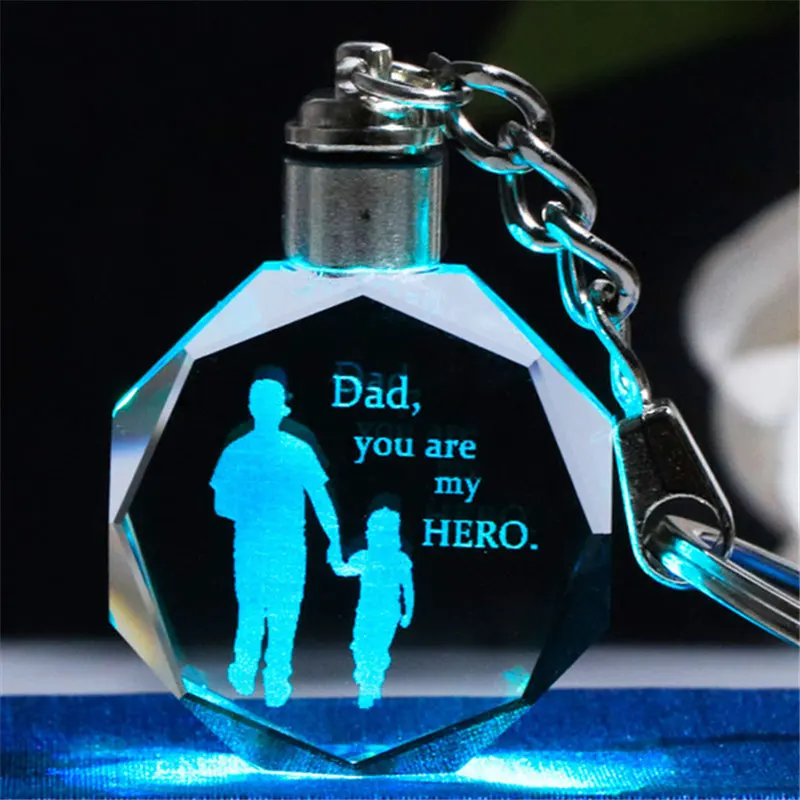 

K9 Crystal LED Key Chain Laser Engraved Changeable Colorful Key Ring Dad Gift Keychain for Papa Trinket Father's Day Gift