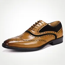 Two Tone Men Formal Brogue Shoes Luxury Dress Shoes Genuine Leather High Quality Cow Leather Retro Oxford Shoes