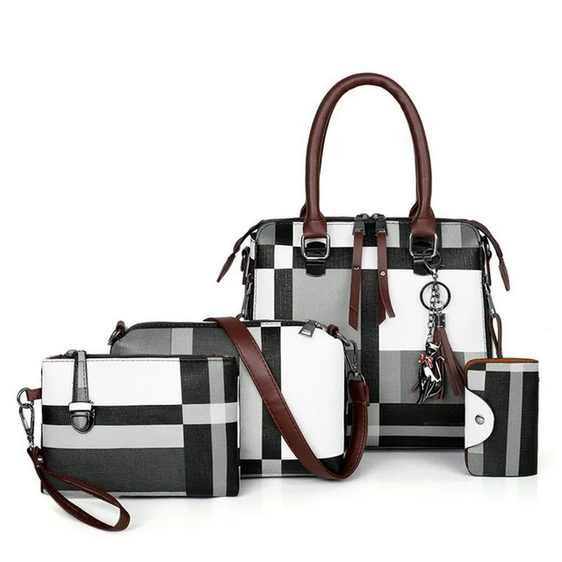 Gradosoo, сумки в клетку, 4 комплекта, женский кожаный кошелек и сумка, женская сумка на плечо с кисточкой, женская сумка через плечо HMB651