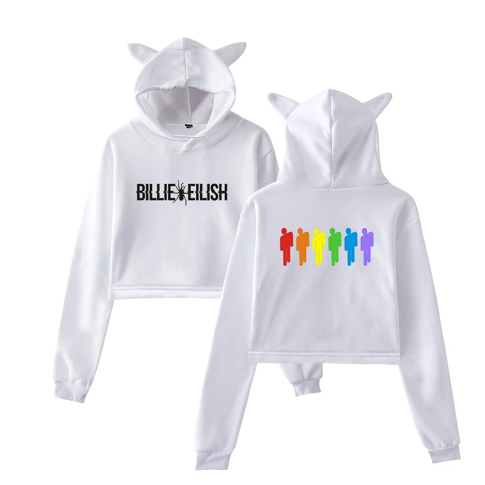 Уличная одежда Billie Eilish модный тренд с кошачьими ушками укороченный топ женские осенние толстовки сексуальные Kpop Harajuku Kawaii милые короткие толстовки - Цвет: Белый