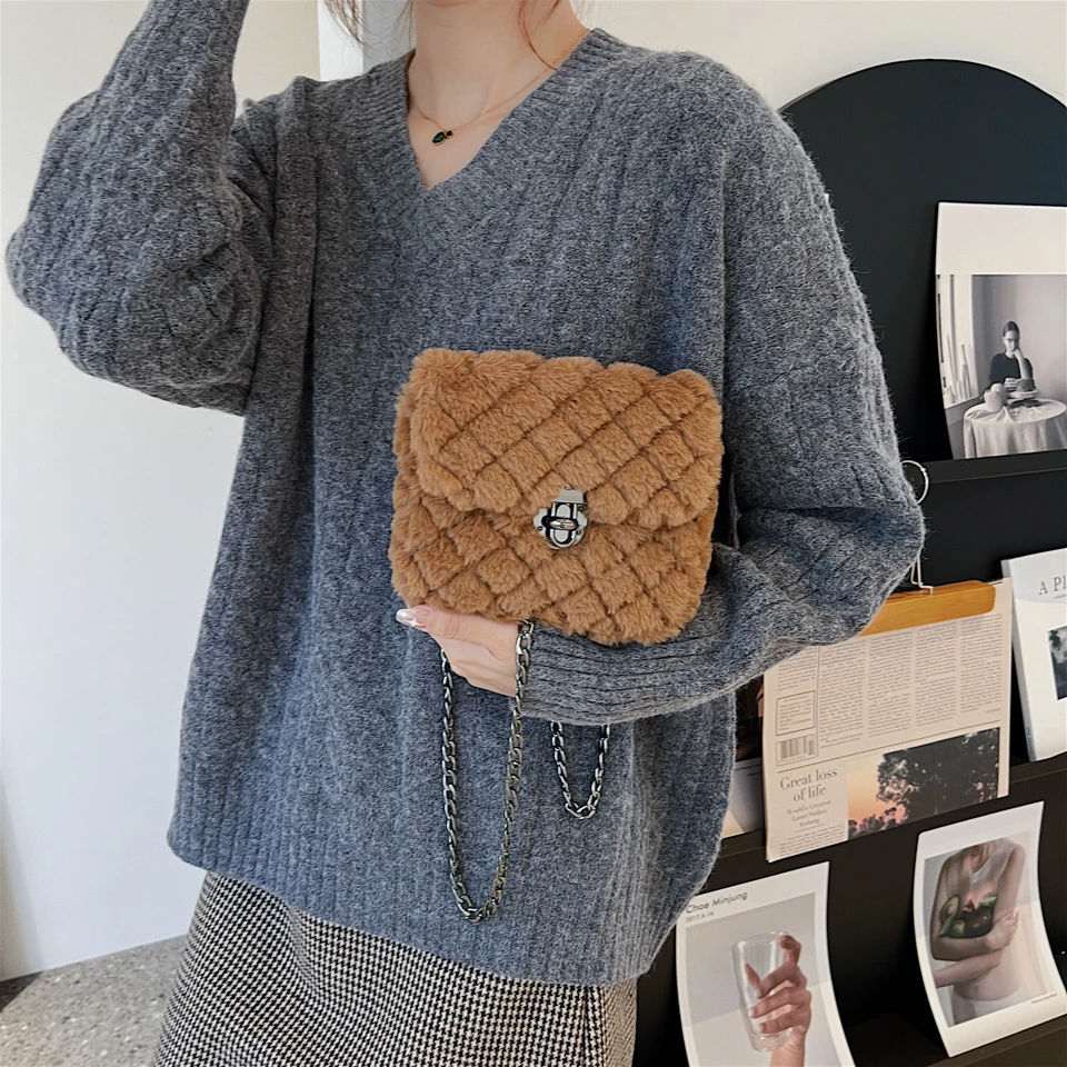 New Winter Shoulder Bags For Women Fake Fur Square Chain Cross-Body Bag Mini Soft Ladies Messenger Hand Drop Shipping | Багаж и сумки
