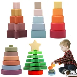 1 ensemble De Dentition Silicone Blocs Pour Enfants Rond Forme Empilable Construction Jouet BPA Gratuit Montessori Jeux Éducatifs Jouets Cadeau 