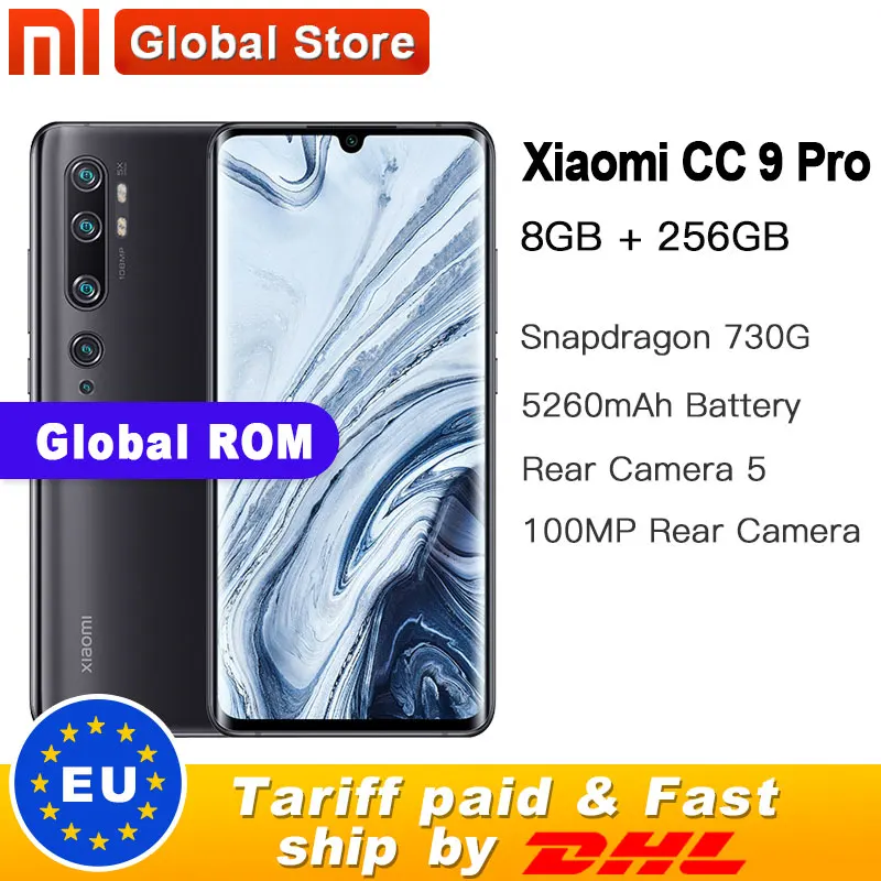 Глобальная прошивка Xiaomi Mi CC9 Pro 8 Гб 256 108MP пятиядерный ГП Камера смартфоне 5260 мА/ч, Батарея 10x Оптический зум двойная кривизна Экран