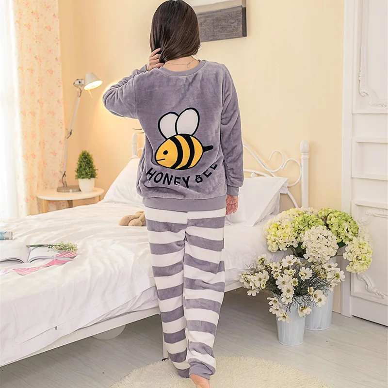 Thick Warm Flannel Pajama Sets For Women Winter Long Sleeve Coral Velvet Pyjama Girls Cute Cartoon Honey Bee Sleepwear Suit