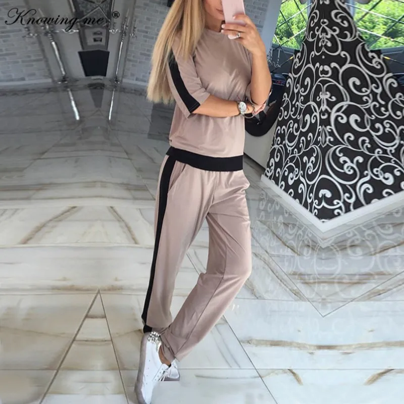 

Knowing me Women Casual O Neck half Sleeve Sporting Suit 2019 Autumn Tracksuit Sets Elegant patchwork Two Piece Sets Sportswear
