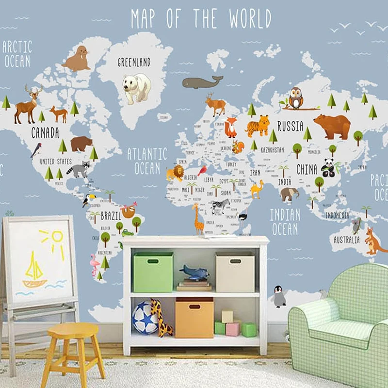 Custom 3D Photo Wallpaper For Kids Room Papel De Parede Cartoon World Map Children Room Living Room Bedroom Mural Wall Paper Art