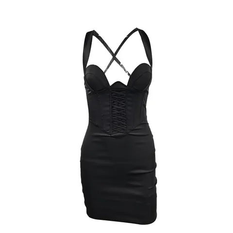 Women’s Sexy Suspender Satin Dress Fashion Solid V-neck Backless High Waist Tight Short Dress Party Club Stretch Sling Dress