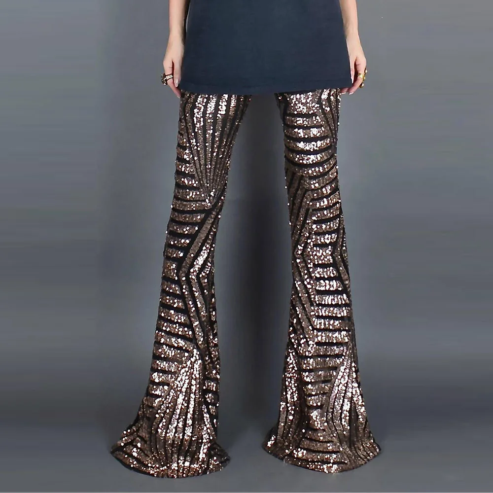 Sexy Black Silver Sequin Flare Pants High Waist Party Trousers Club XMAS Pants Outfit Streetwear Glitter Wide Leg Long Bell Pant