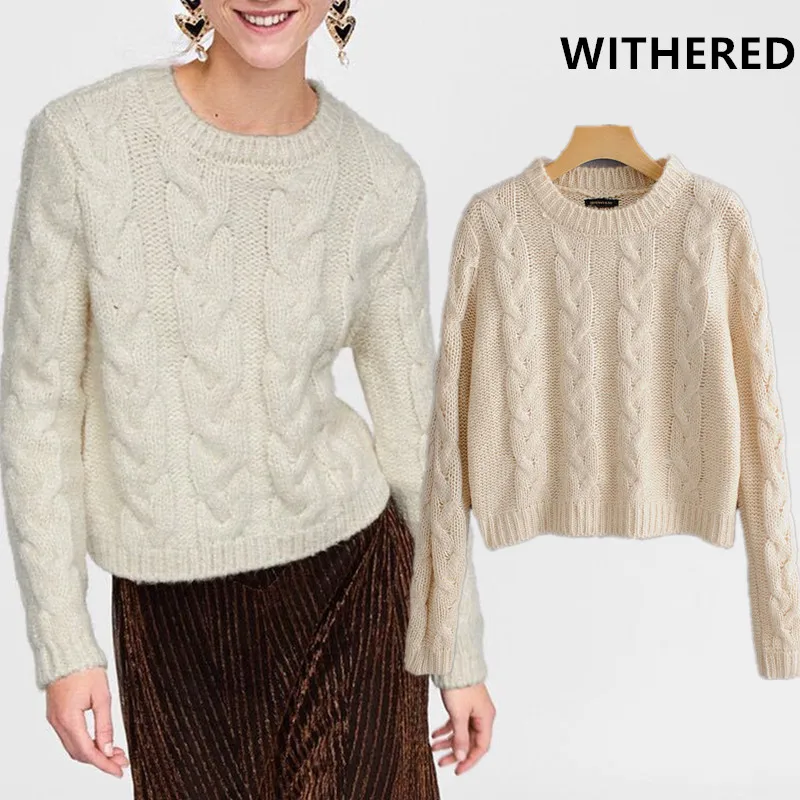 

Withered winter sweaters women england office lady simple solid Twist jacquard o-neck pull femme sweaters women pullovers tops