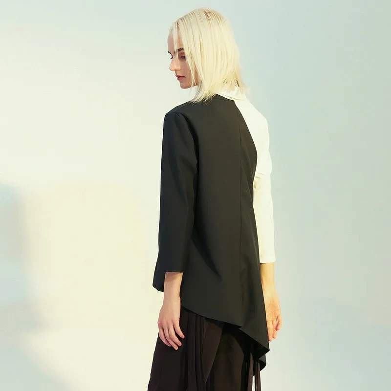 New Retro Modern Fashion Slim Personality Asymmetric Stitching Color Matching Small Suit Temperament British Coat Female