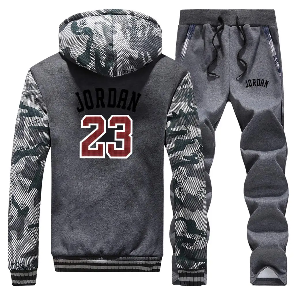 Баскетбольная спортивная одежда, зимние толстые камуфляжные толстовки, штаны, набор для мужчин, Майкл Джордан, уличная одежда, комплекты из двух предметов, брюки и футболка
