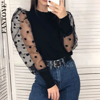 

FANTOYE Winter Polka Dot Mesh Puff Sleeve Blouse Shirts Vintage Casual Knitted Women's Tops And Blouses Casual Ladies Clothing