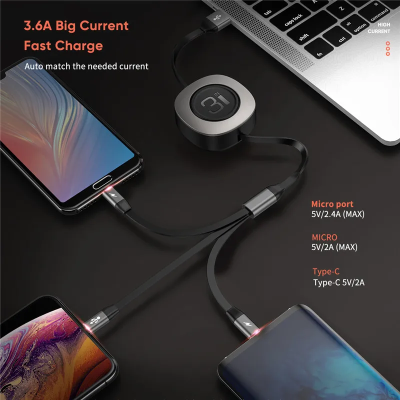 ROCK Выдвижной 3 в 1 usb type C Micro USB кабель type-c для iPhone кабель зарядного устройства 120 см A Быстрая зарядка USB C кабель