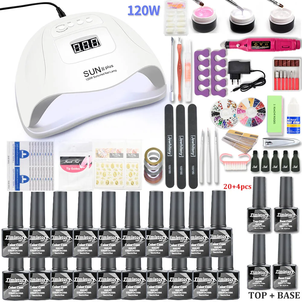 120W 20pcs set Набор для ногтей, 10/20 цветов, набор гель-лаков для ногтей, Сушилка для ногтей, набор с 120 Вт/54 Вт, светодиодная УФ-лампа для ногтей, набор для маникюра, инструменты для дизайна ногтей - Цвет: 120W 20pcs set
