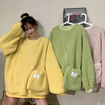 

Autumn And Winter 2019 New Korean Loose Round Neck Set Thickened Imitation Lambhair Women's Ins Fashion Long Sleeve Top