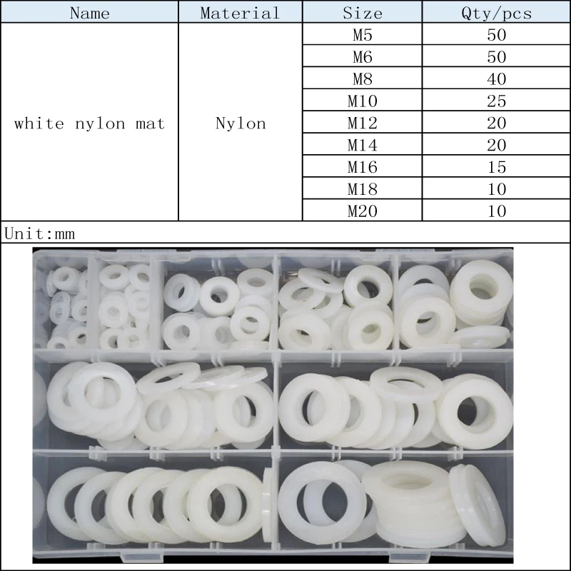 White Nylon Pan Flat Washer Plastic Shim Plain Gasket M5 M6 M8 M10 M12 M14 M16 M18 M20 Assortment Kit Set