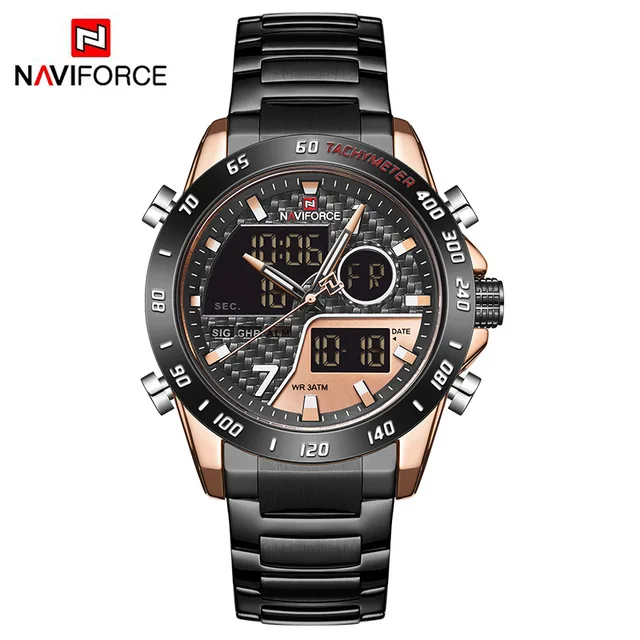 NAVIFORCE брендовые Роскошные мужские часы, военные цифровые спортивные наручные часы, мужские модные водонепроницаемые часы со стальным ремешком - Цвет: black gold