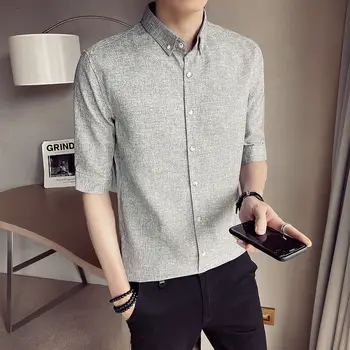 

2020 Summer New Youth Popular Korean Slim Men's Solid Color Five-point Sleeve Shirt Fashion Casual Top Gray / Dark Gray