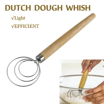 

Stainless Steel Egg Beater Flour Coil Agitator Danish Whisk Stick Oak Wood Handle Blender DIY Bread Dough Bakeware Gadget