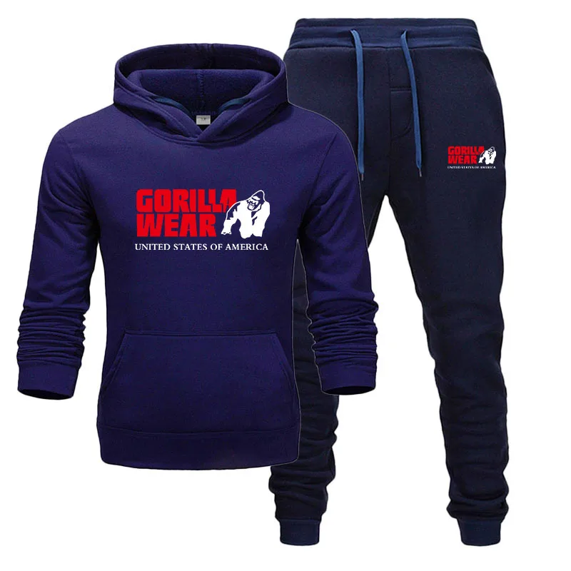 Мужской спортивный костюм с капюшоном, модная спортивная одежда GORILLA, комплекты из двух предметов, хлопковая флисовая толстовка с капюшоном+ штаны, спортивный комплект