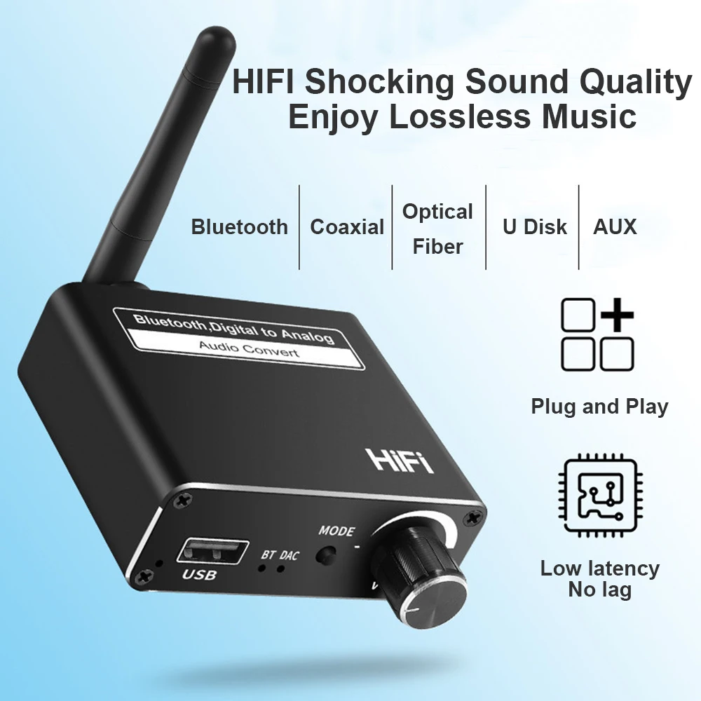 DAC Bluetooth-Compatible 5.0 Receiver Audio Converter Digital to Analog U Disk Play Toslink Optical Coaxial Stereo 3.5mm R/L |