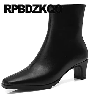 

size 34 autumn chunky high quality women ankle boots medium heel 2019 fall block shoes black square toe short genuine leather