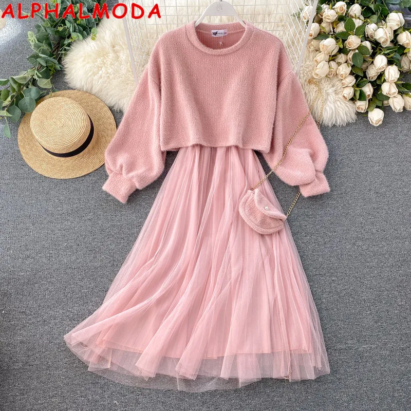 ALPHALMODA мохеровый свитер + газовое платье на бретельках сумка цепочке женский