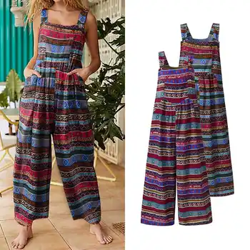 

VONDA Womens Jumpsuits 2020 Summer Vintage Printed Long Rompers Casual Loose Bohemian Playsuits 5XL Sexy Sleeveless Overall