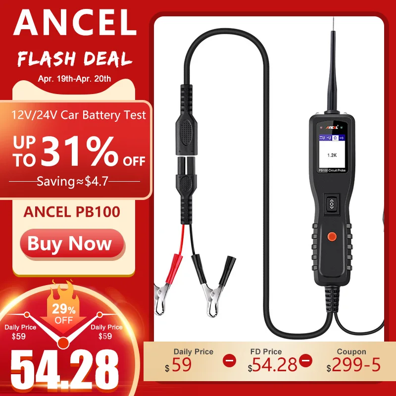 Obtenga esto Ancel-probador de batería de coche PB100, herramienta de diagnóstico de 12V/24V, probador de circuito de sonda de potencia, escáner automotriz de potencia integrada eléctrica 0BJqGa830