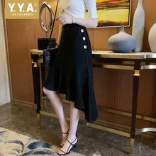 Лето женская черная упаковка русалка юбка OL Стиль Элегантные Высокая талия Асимметричные оборки миди юбки женская уличная s m l