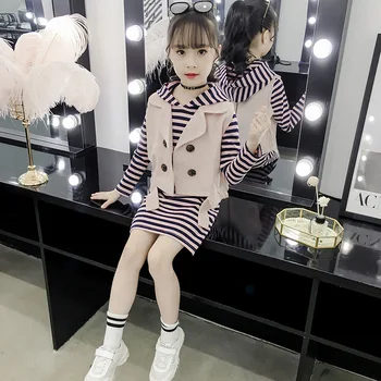 

kids clothing set spring autumn Girls sweatshirts dress+vest 2pcs suits Hooded long sleeve Striped Fashion children's clothes h5