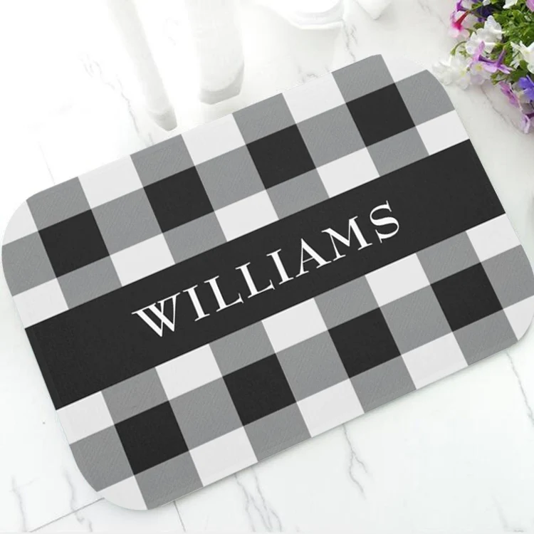 

Classic Black and White Buffalo Check Pattern Doormat Modern Custom Name Plaid Rubber Welcome Door Mat Bath Kitchen Rug Carpet