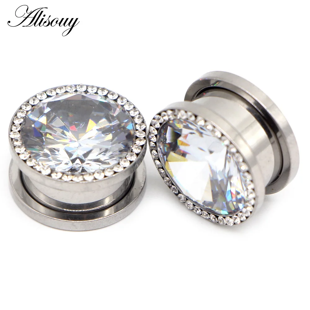 Alisouy 2pc Stainless Steel Top Quality Crystal Zircon Ear Tunnels Plug Screw Fit Colorful Ear Flesh Gauge Ear Expanders Jewelry - Окраска металла: EM0927A Clear