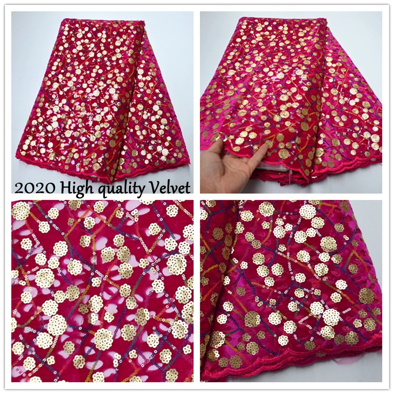 

High Quality Nigeria Velvet Lace Fabric With Stones 5 Yards African Sequins Lace Fabric Red For Nigerian Party Dress PS7861-70