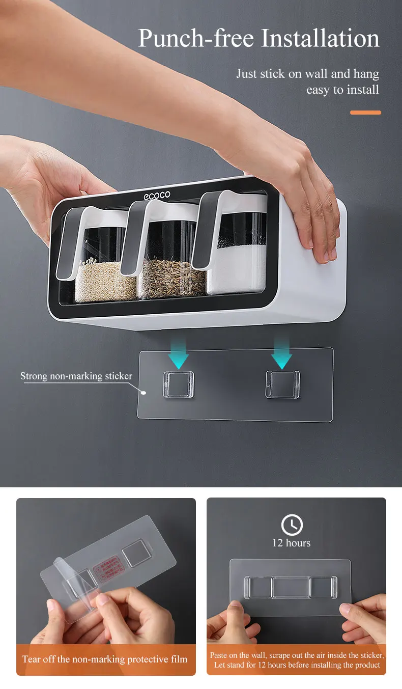 Ecoco Wall Mount Spice Rack Sugar Bowl Salt Shaker Seasoning Container Spice Boxes description image 15