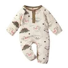 Vêtements pour nouveau né garçon, barboteuse imprimé dinosaure, combinaison à manches longues et col rond pour printemps et automne, vêtements pour enfants