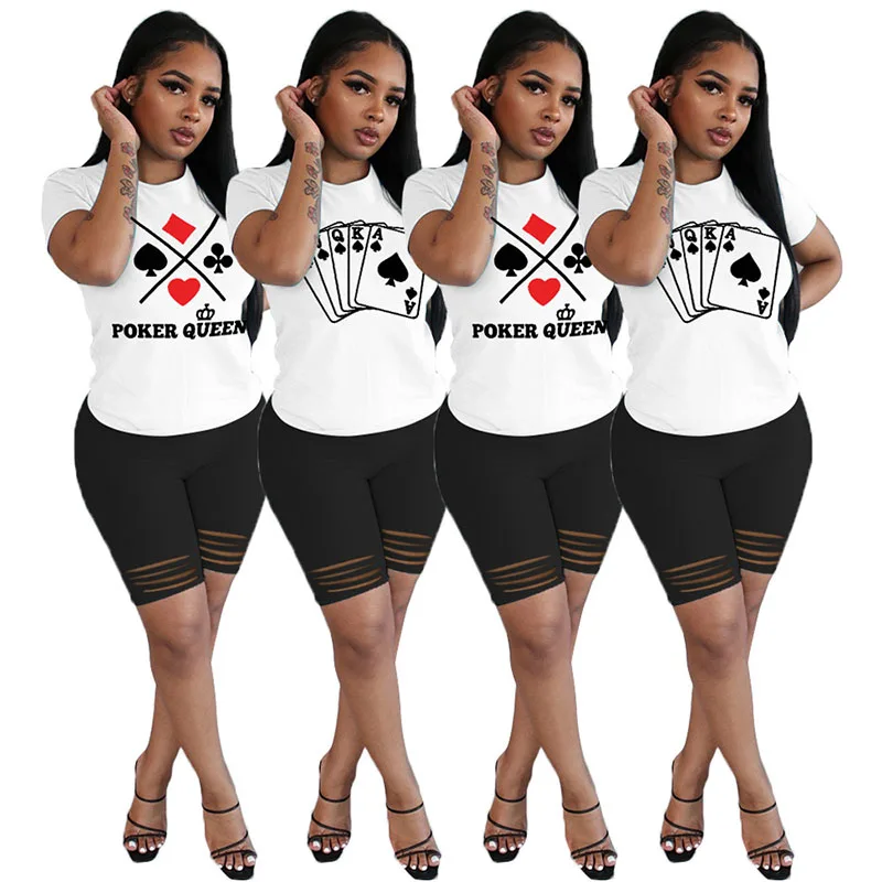 

2020 Summer New Women Suit European and American Ladies Poker Printed Leisure T-shirt Hollow Out Shorts Two Piece Set