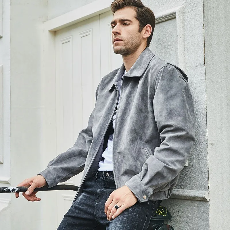 Весенне-осенняя мужская кожаная куртка-бомбер из свиной кожи, свободная повседневная куртка из натуральной кожи, новая модная серая байкерская верхняя одежда, пальто