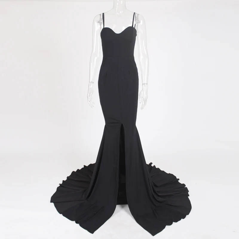 Strappy Black Красный сексуальный без бретелек Мягкий Эластичный Русалка платье с длинным разрезом спереди облегающее Черное макси платье длиной до пола Вечерние платья - Цвет: Strappy Black