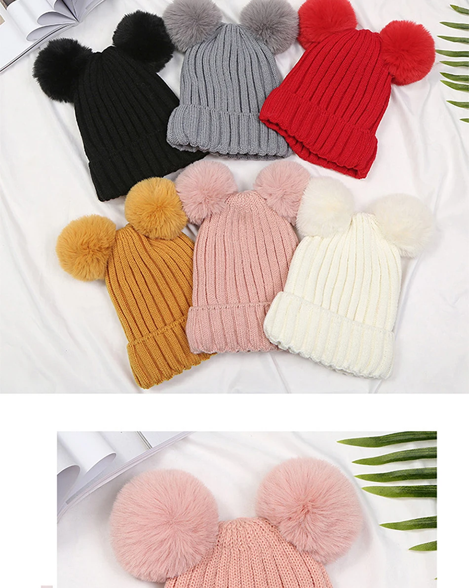 mens winter hat skullies Fashion Women Two Faux Rabbit Fur Pompom Winter Hat Cap Warm Thickened Plus Velvet Double Pom Pom Cable Knitted Skullies Beanie baggy beanie