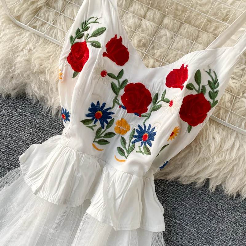 ALPHALMODA платье с цветочной вышивкой, многослойное платье без рукавов, милое Плиссированное Сетчатое летнее платье для женщин