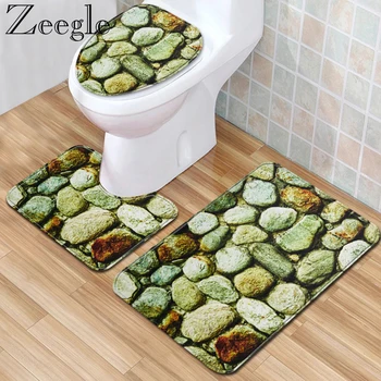 

Zeegle 3Pcs Bathroom Carpet Set Non-slip Bath Mat Set Shower Mat 3D Stone Printed Absorbent Foot Rug Toilet Carpet