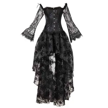 

Vintage Gothic Body Shaper Dress Women Lace Long Sleeve Front Short Back Long White Black Dress Party Fancy Dress For Lady Plus