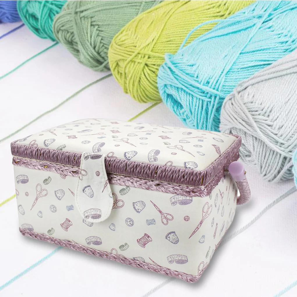 Vintage Sewing Basket Printing Sewing Tools Storage Box with Built-in Pin Cushion and Interior Pocket