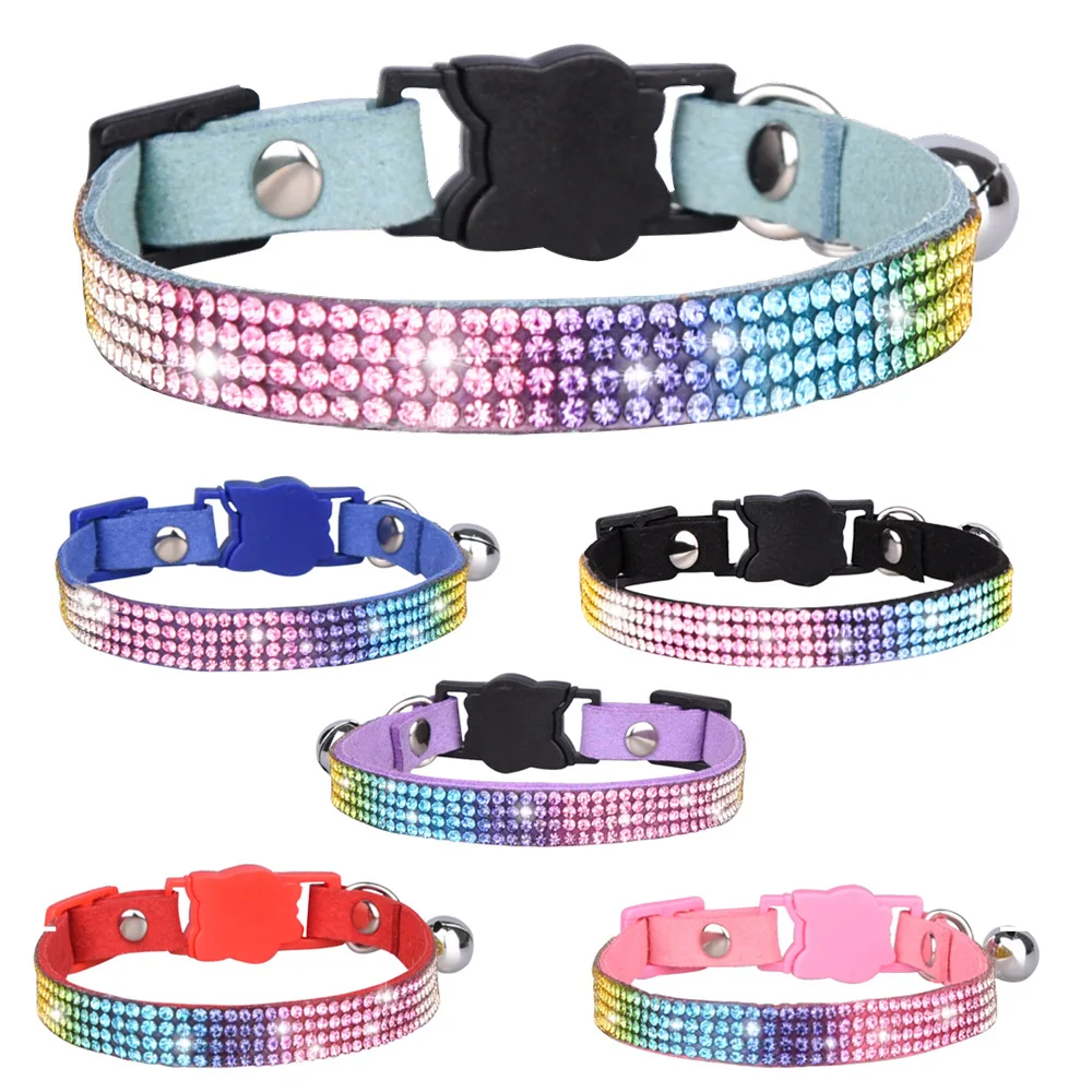 Rainbow Bling Rhinestone Breakaway Cat Collars with Bell Adjustable Safe Pet Collar Velvet Kitty