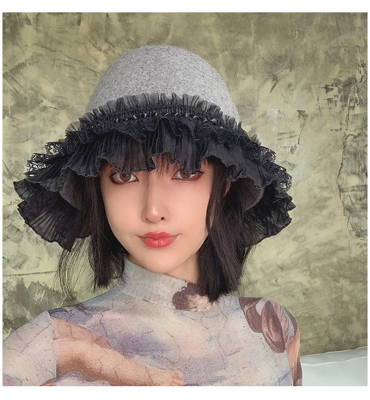 WHITNEY WANG осень зима мода уличная плиссированная шерстяная шляпа с оборками Женская стильная шапка